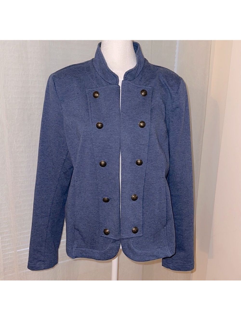 TH XL Blue Heathered Military Style Open Front Knit French Terry Cloth Jacket